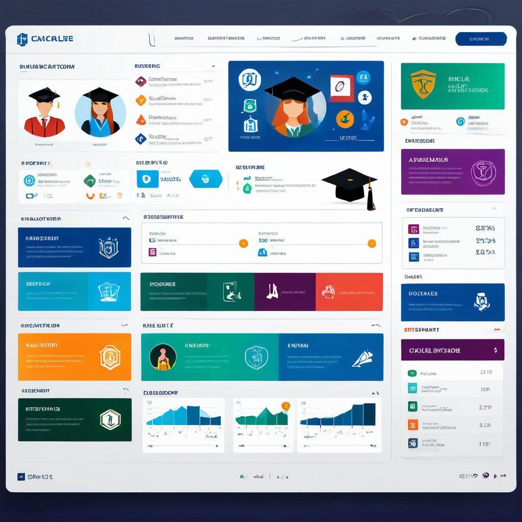 A futuristic educational website interface glowing with vibrant colors, showing personalized dashboards with Ivy League college logos, graduation caps, and student avatars. Include interactive elements like graphs, chatboxes, and sleek navigation menus. Make it dynamic and engaging, with elements floating and animating slightly. Vector art. vibrant colors. white background.